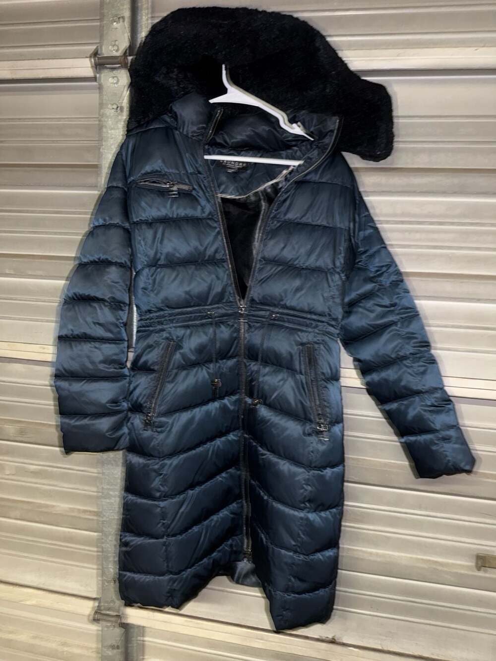 Laundry by Shelli Segal Puffer Coat Size S Navy Blue Hooded Long Puffer